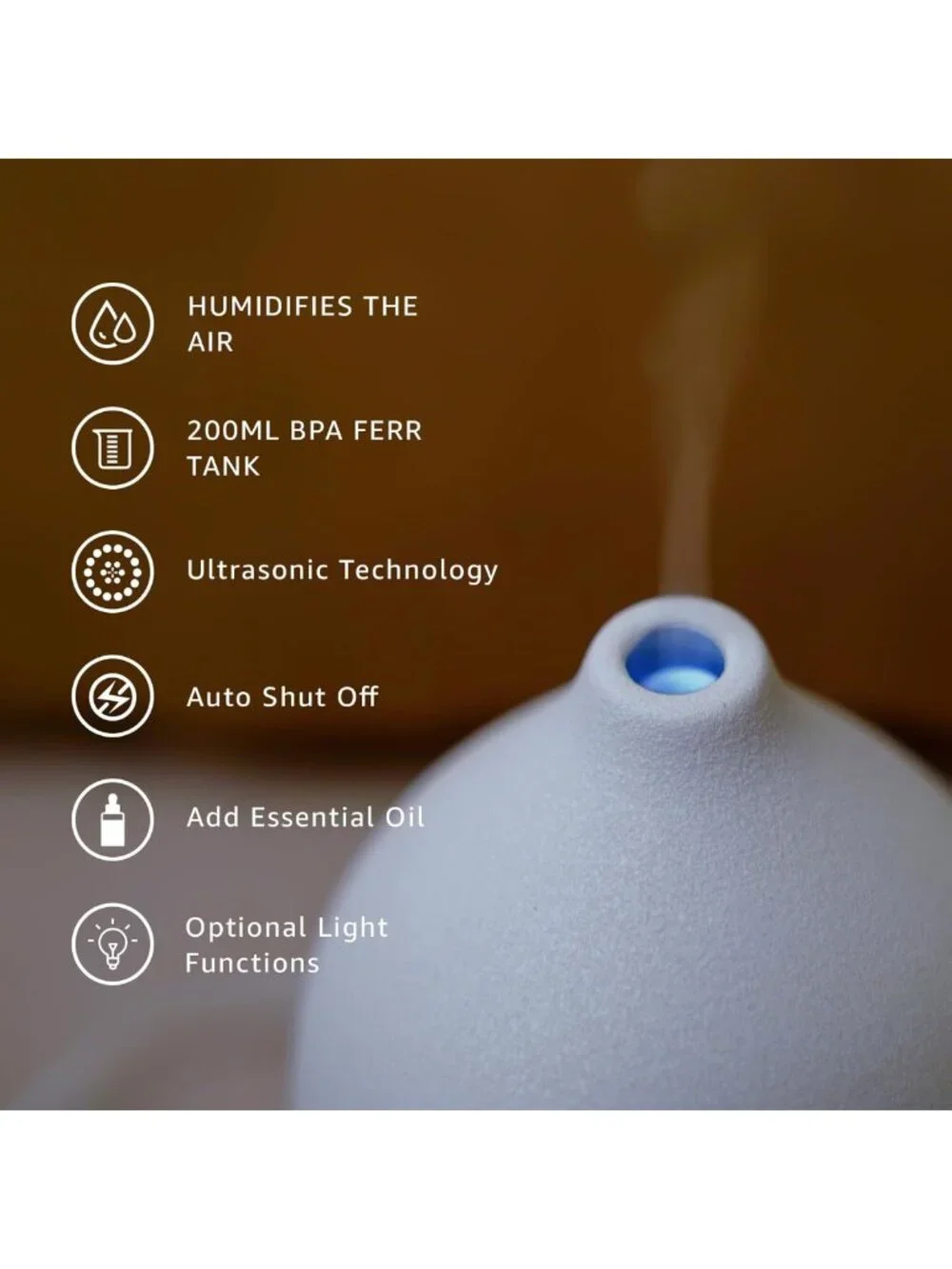 200ML Ultrasonic Essential Oil Diffuser & Humidifier with LED Lights, Auto